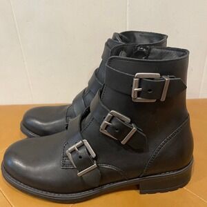 Chambers Womens Leather combat Moto Boot Black Buckles Made in Portugal Size 6.5